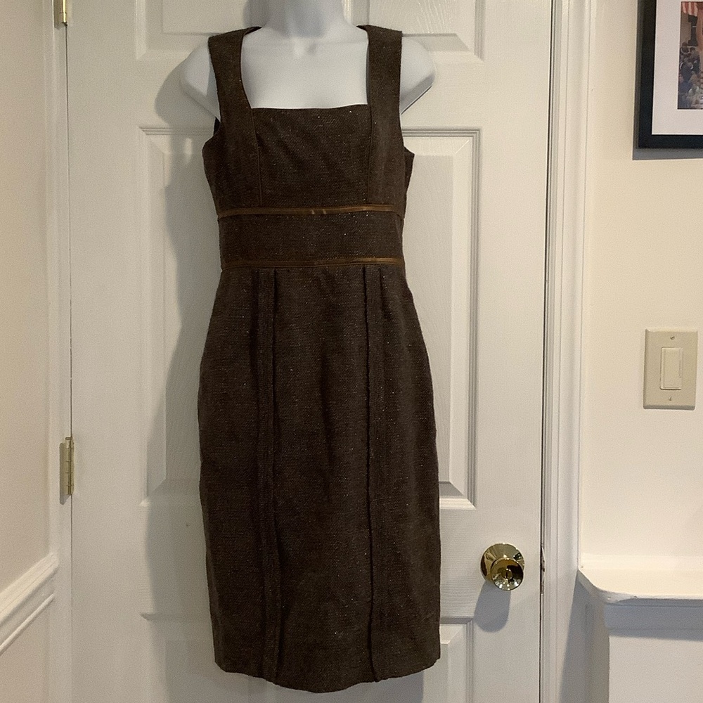 BADGLEY MISCHKA Wool/Alpaca/Silk Blend Brown Tweed Sparkled Luxe Fall Dress P